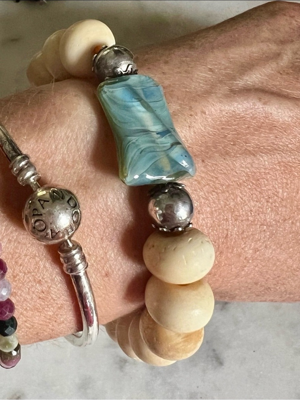 Handcrafted Sterling Silver 925 Wood Glass Beaded Stretch Bracelet Boho Artisan